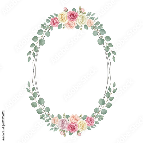 Oval floral frame with roses and eucalyptus leaves isolated on transparent background