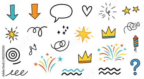 Collection of hand drawn doodle icons for celebratory and decorative purposes.