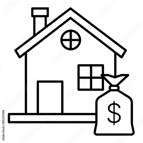 home with money bag line icon with editable stroke