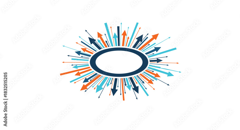 Obraz premium A vibrant explosion of arrows and light radiating outwards from a central oval shape representing growth opportunity and dynamic change.