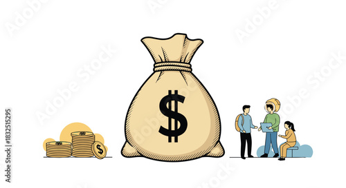 A sack of money with coins and people shaking hands represents financial growth and business success.