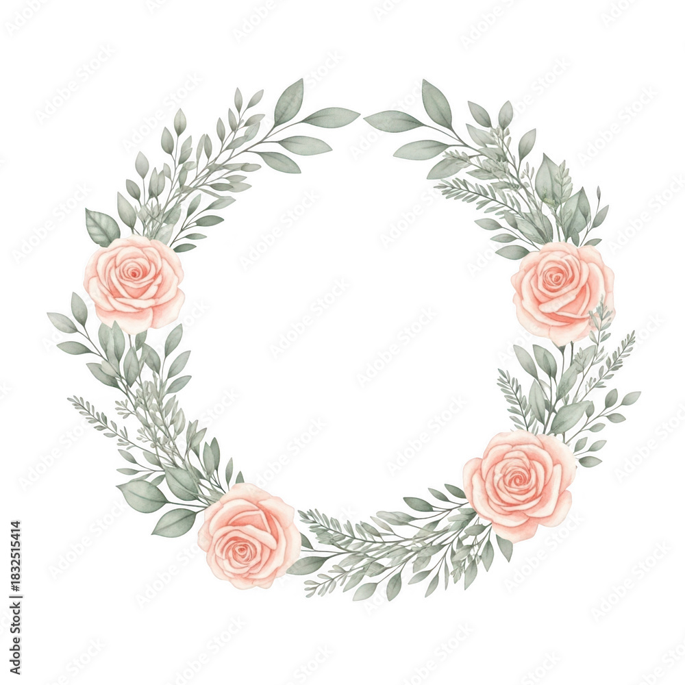 Fototapeta premium Pink rose and green leaf floral wreath isolated on transparent background