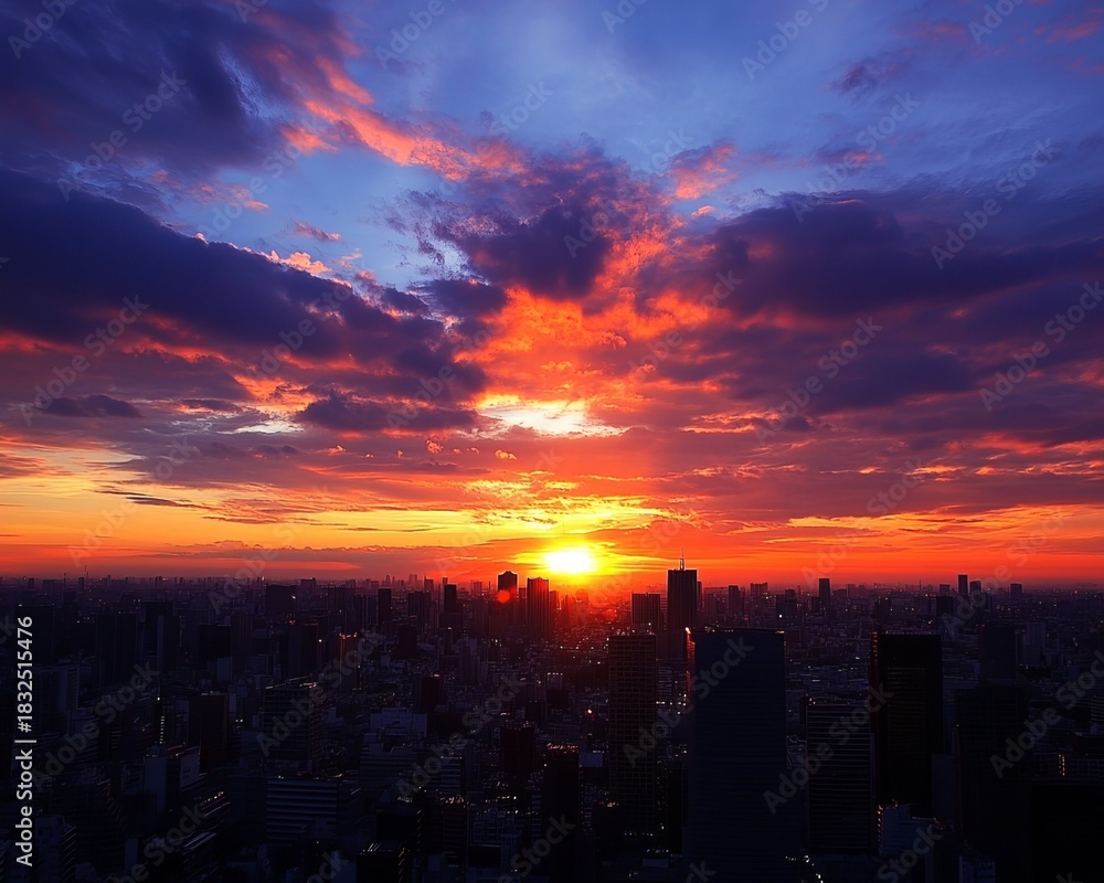 Fototapeta premium City sunset, vibrant sky, silhouettes