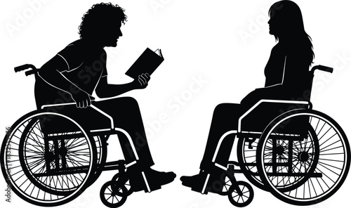 Black vector silhouettes of a diverse man reading a book and a woman sitting in wheelchairs, representing disability, inclusion, accessibility, diversity, and education in modern society and 