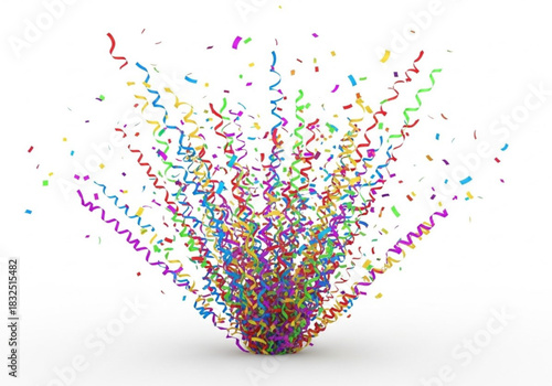 A burst of colorful confetti and streamers exploding upwards against a white background.