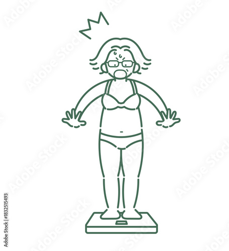 体重計に乗り、増えた体重に驚愕する40代女性のイラスト　線画のみ
