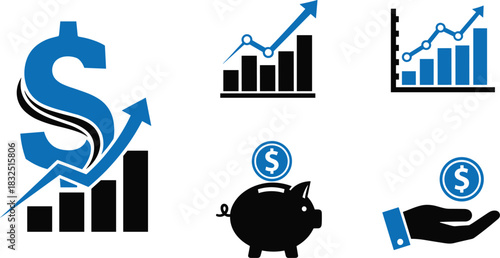 Financial growth and savings icon set, investment and money graphics, piggy bank and chart symbols, economic concept vector