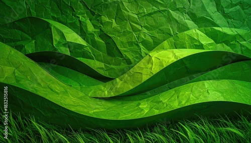 Abstract green crumpled paper landscape with rolling waves and grass.