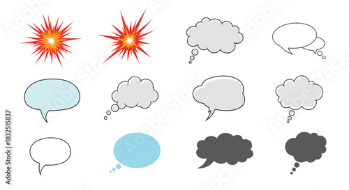 A collection of comic book style speech and thought bubbles alongside explosion graphics representing action and conversation in graphic novels and illustrated storytelling.
