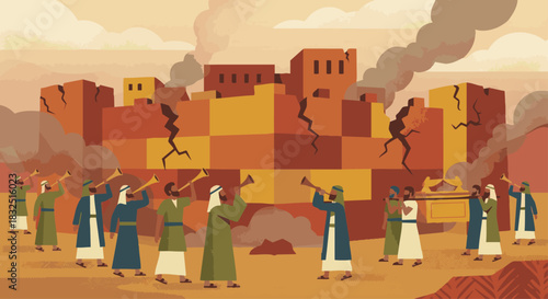 Fall of Jericho
Bible story
Israelites circling stylized flat-vector Jericho walls with trumpets raised, geometric wall shapes beginning to crack, warm muted palette.