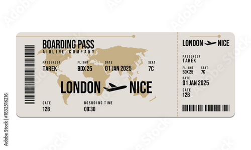 London to Nice Flight Boarding Pass With World Map and Airplane Element