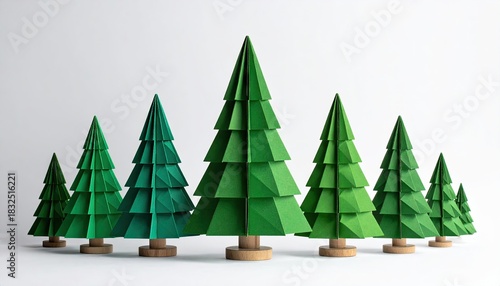 Stylized geometric green Christmas trees arranged on wooden bases.