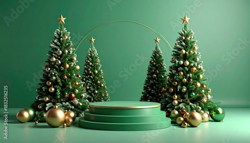 Modern Minimalist Christmas Scene with Decorated Trees and Podium.
