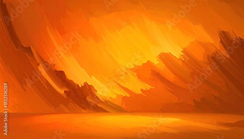 Vibrant Abstract Landscape with Energetic Orange and Yellow Brushstrokes.