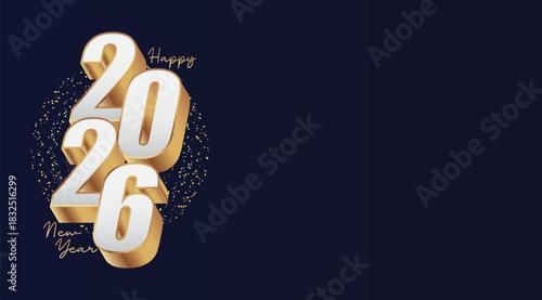 2026 Happy New Year Greeting Banner. With 3D numbering design. New year holiday template design, poster, flyer, calendar, voucher