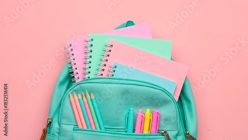 Pastel school supplies in a teal backpack on a pink background, ready for back to school.