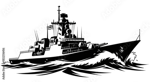 Dynamic Warship Cutting Through Rough Ocean Waves Military Naval Power Illustration