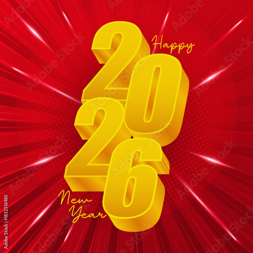 2026 Happy New Year Greeting Banner. With 3D numbering design. New year holiday template design, poster, flyer, calendar, voucher