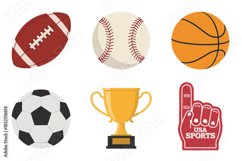 USA Sports Icon Set. Football, Baseball, Basketball, and Fan Merchandise Vector.
