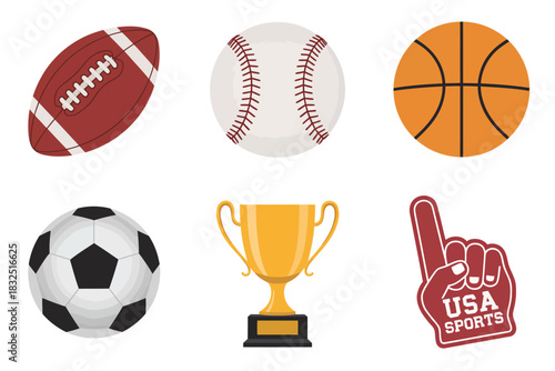 USA Sports Icon Set Vector with Balls and Trophy Symbols