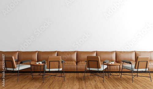 Modern Café Lounge with Long Leather Sofa and Accent Chairs – High-Quality PNG with Transparent Background for Interior Design & Branding
