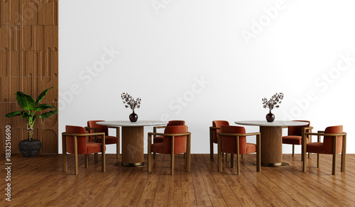 Retro Modern Dining Area with Orange Upholstered Chairs and Marble Tables – Stylish Café Interior PNG for Architecture & Branding