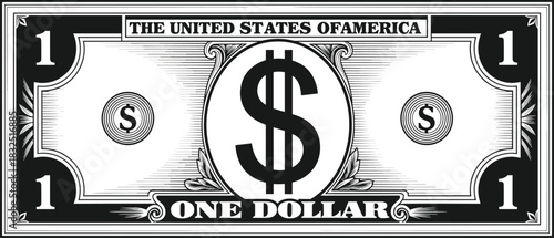 Stylized one-dollar bill illustration, black and white currency graphic, humorous money design, financial concept vector, educational theme