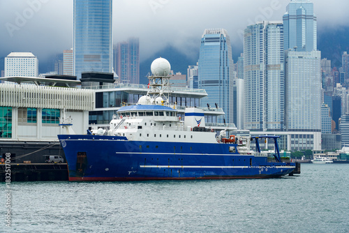 A research vessel docked at a pier in Hong Kong, China