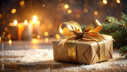 Festive Christmas gift box with glowing candles and bokeh lights.