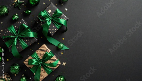 Festive Christmas gifts with green ribbons and ornaments on a dark background.