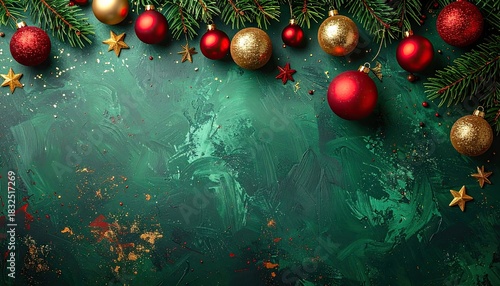 Festive Christmas border with pine branches red and gold ornaments and sparkling confetti on a textured green surface.