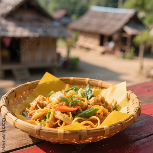 4k high quality Ai generative HD photo realistic menu selling food breakfast lunch dinner Indonesia pasta seafood chicken vegetables mie nyemek kluntung noodles village view traditional plate rattan