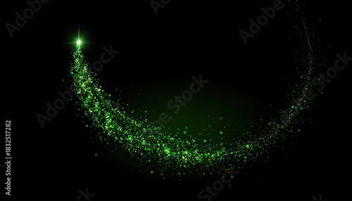 Abstract glowing green particle trail forming a magical crescent arc.