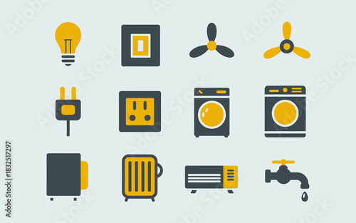 Household appliances and utilities flat icon set featuring electrical, heating, cooling, and water symbols for home use