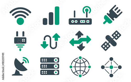 Modern network and communication icon set featuring wireless signals, routers, servers, data flow, and global connectivity.