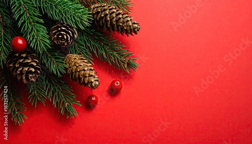 Festive Christmas evergreen branches with pine cones and red berries on a vibrant red background.
