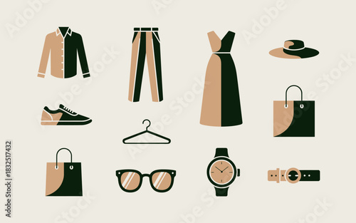 Modern fashion and accessory icons set in minimalist style. collection of clothing, footwear, and lifestyle essentials.
