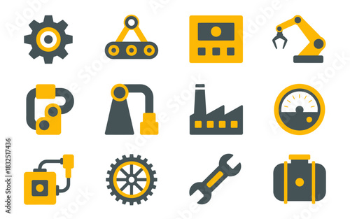 Industrial and manufacturing machinery icons: gears, conveyor belts, robotic arm, factory, control panel, and tools collection.