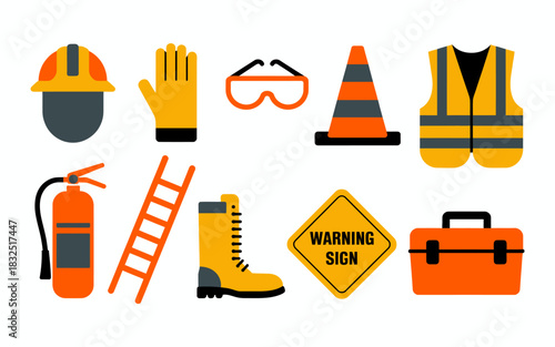 Essential personal protective equipment and workplace safety tools icon set, perfect for industrial health and hazard prevention.