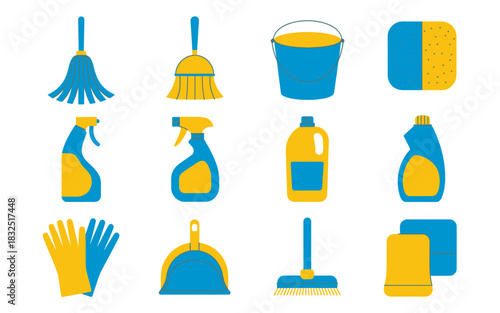 Flat design illustration set of various cleaning tools and household supplies for domestic hygiene and tidiness on a white background