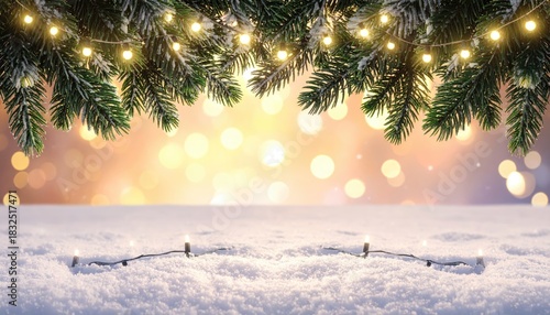 Festive Christmas winter scene with snow and glowing lights.