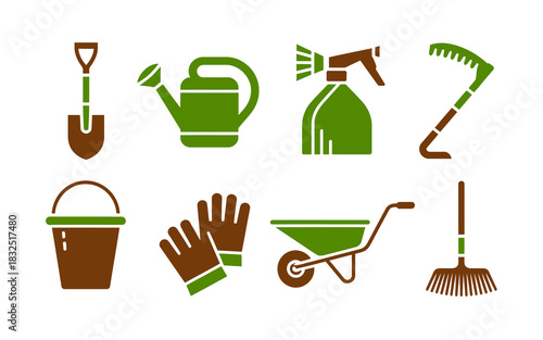 Gardening tools flat icon set with shovel, watering can, spray bottle, bucket, gloves, wheelbarrow, rake, sickle vector