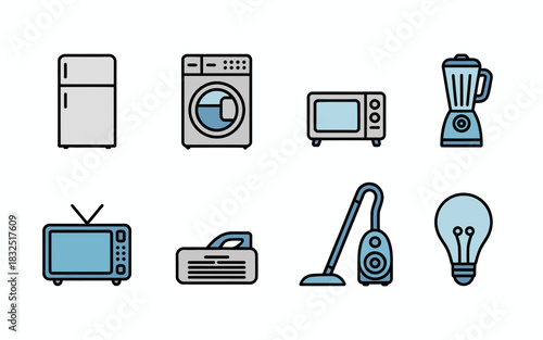 Flat design icons set of essential household appliances: refrigerator, washing machine, microwave, blender, tv, iron, vacuum cleaner, light bulb.