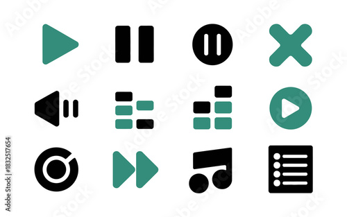 Modern collection of media player icons, including play, pause, volume, equalizer, musical note, and playlist symbols.