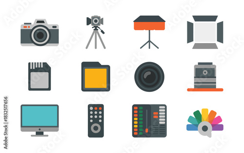 Comprehensive flat design icon set for photography, videography, and digital media production tools and equipment on white.