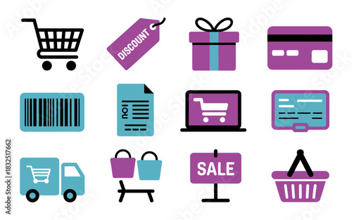 E-commerce and online shopping vector icons set, including delivery, payment, discount, sale, receipt, and retail.