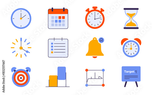Efficient time management, productivity, and goal setting flat vector icon collection illustrating planning, tasks, and deadlines.