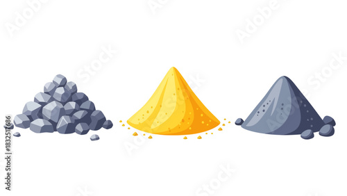Three distinct piles of materials are shown: a rugged mound of jagged grey stones, a vibrant cone of fine yellow sand, and a smooth, dark grey hill of powdered cement with small rocks at the base