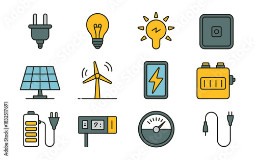 Electricity and energy icons set showcasing power generation, consumption, and renewable sources for various applications