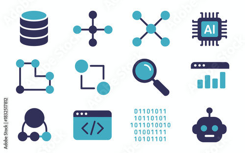 Modern digital technology, data science, and artificial intelligence icon set including computing and programming symbols